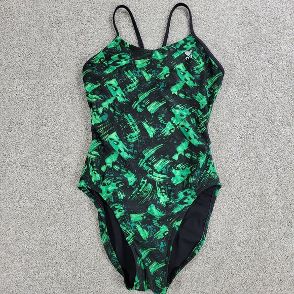 TYR Draco Cutoutfit One Piece Swimsuit Womens 30 Green Abstract Print Low Back - Picture 1 of 13